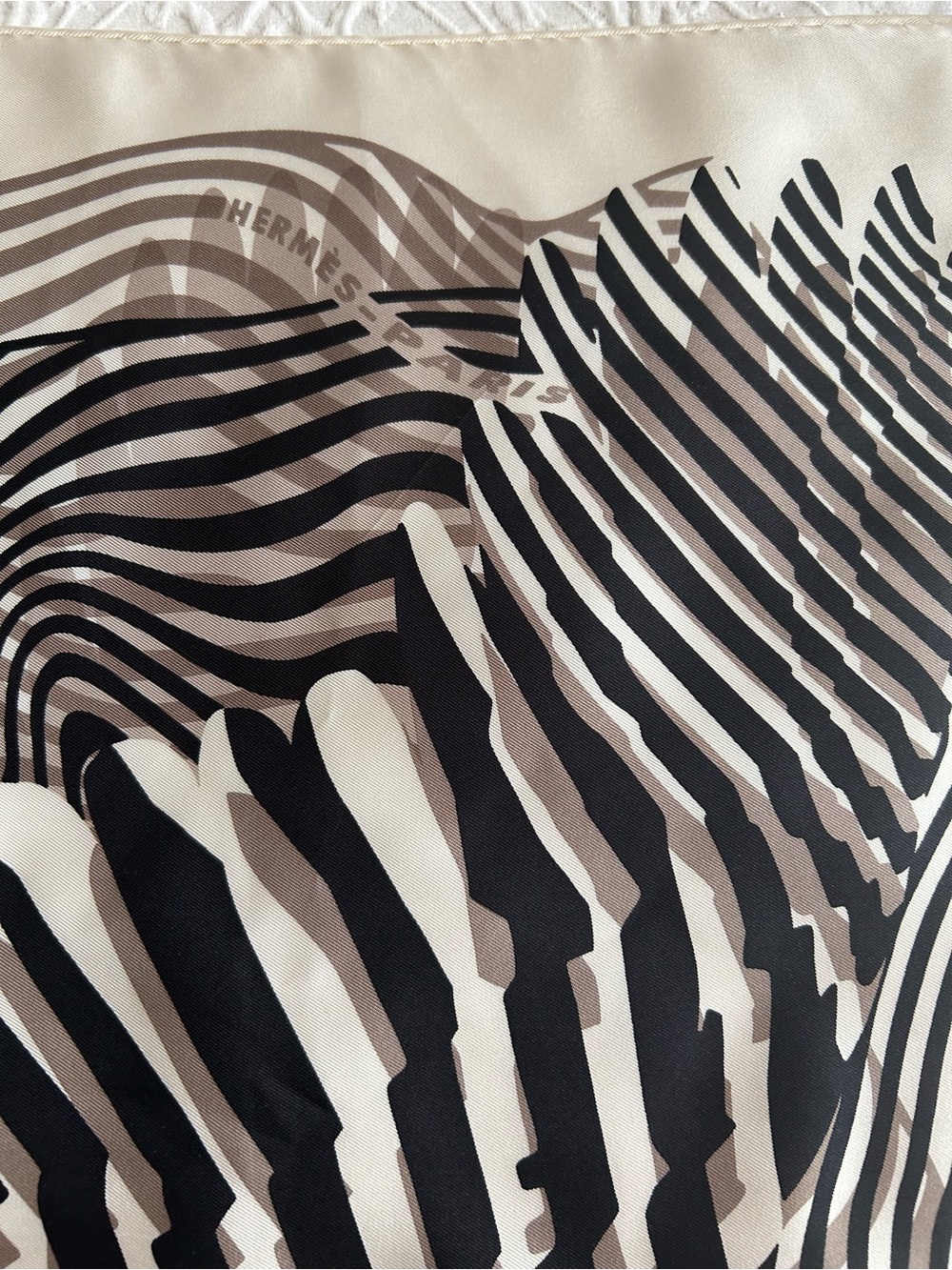 Hermes Zebra-Stripe Silk Scarf in Cream, Black, Taupe